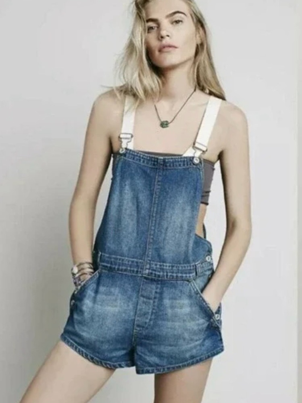 Free People Denim Short Overalls - Cream Color Canvas Straps. Summer Staple 26